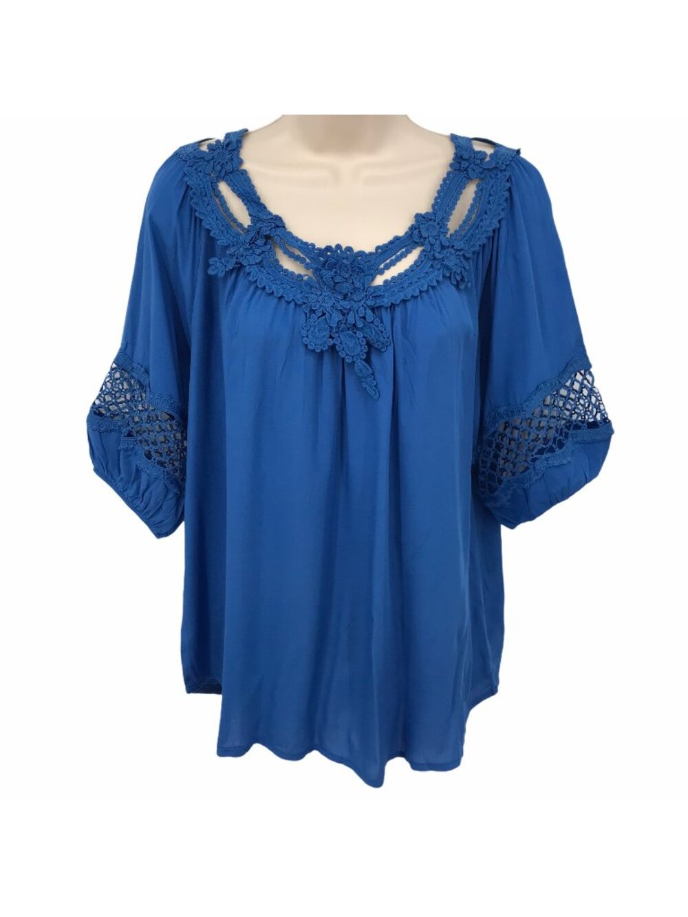 Fig & Vine Blue Crochet Detail Rayon Blouse Womens Size M